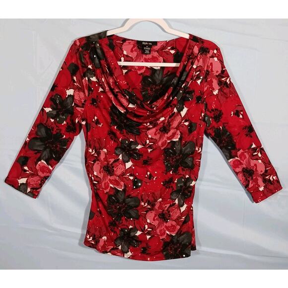 STYLE & CO Sparkly Top Red Black White Floral Cowl Neck 3/4 Sleeve Medium - Picture 1 of 7